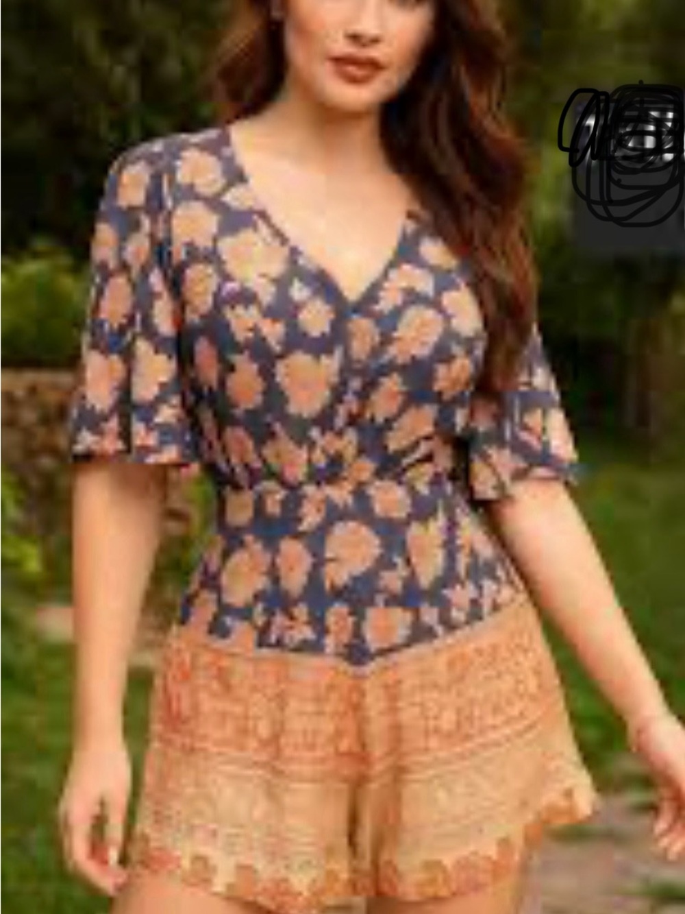 Xhilaration Navy and Peach Floral V-Neck Peplum romper